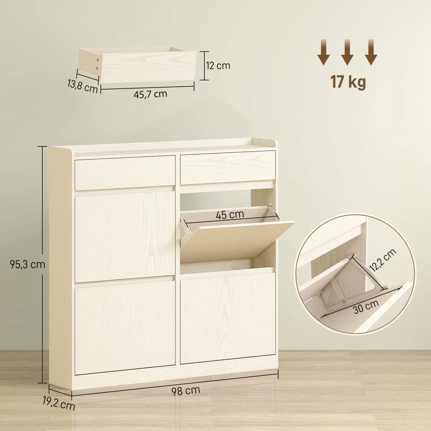 HOMCOM Schmaler Schuhschrank mit 4 Klapptüren – Schuhaufbewahrung mit 2 Schubladen für 8 Paare Schuhe, ideal für den Flur - 98x19,2x95,3 cm Weiß