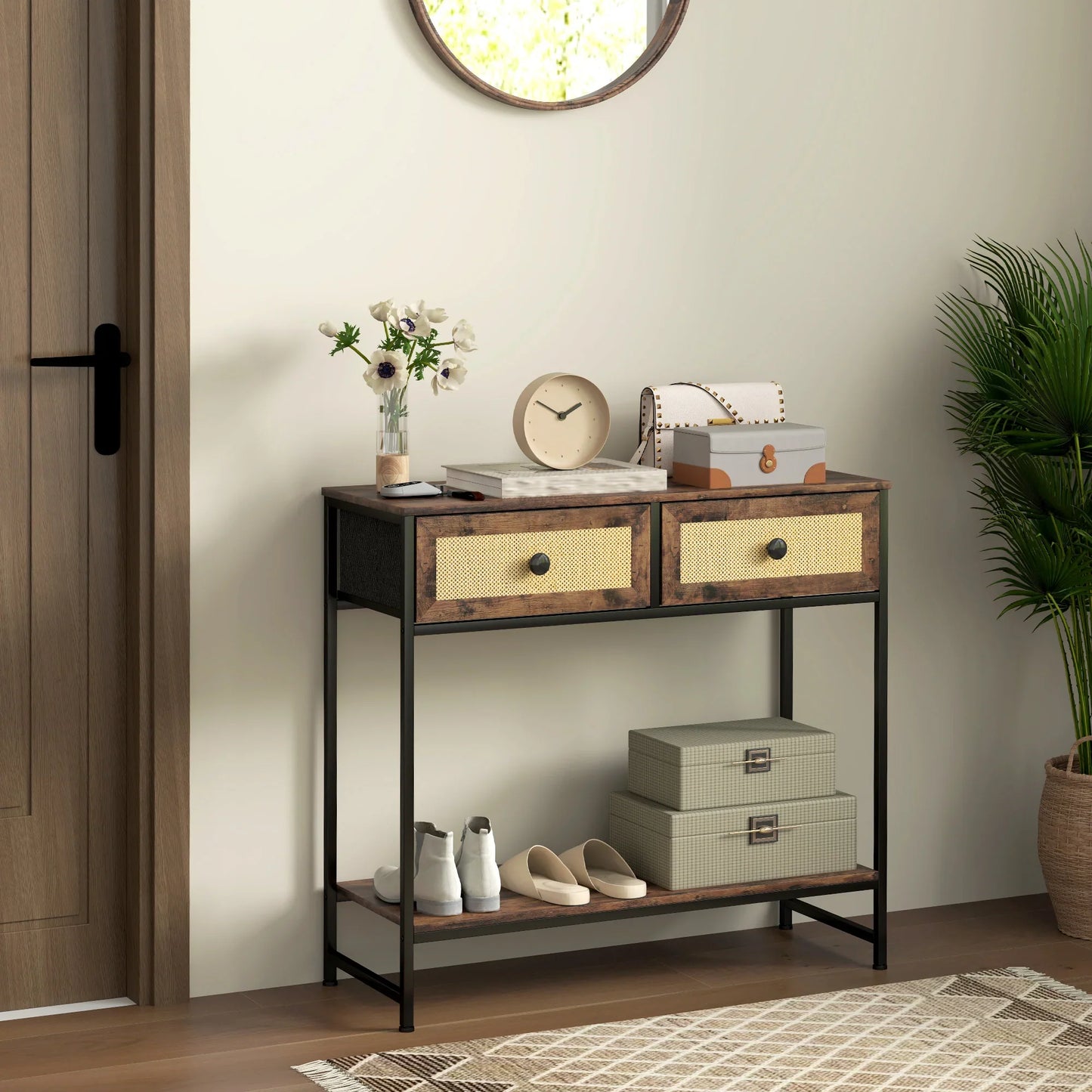 HOMCOM Konsolentisch Flurtisch mit Offener Ablage und 2 Front-Rattan-Schubladen Flur Konsolentisch Flur 80x30x75 cm Rustik Braun