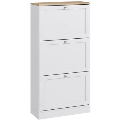 HOMCOM Schlanker Schuhschrank mit 3 Kipptüren – Schuhaufbewahrung für den Eingangsbereich mit verstellbaren Einlegeböden für 18 Paar Schuhe für schmale Flure 60x23,5x115 cm Weiß