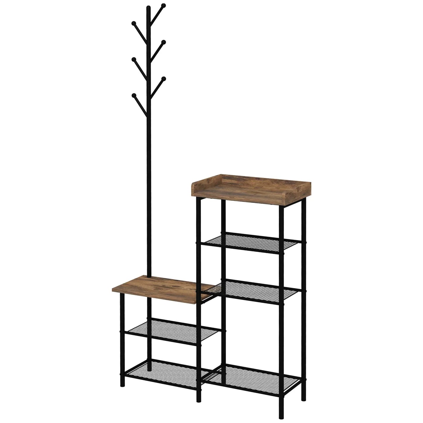 HOMCOM Garderobenständer mit Schuhregal und 5 Ablagen – Garderobenständer mit 6 Haken zum Aufhängen von Taschen und Kleidung im Industrie-Design 92,5x28,2x182 cm Rustikal Braun