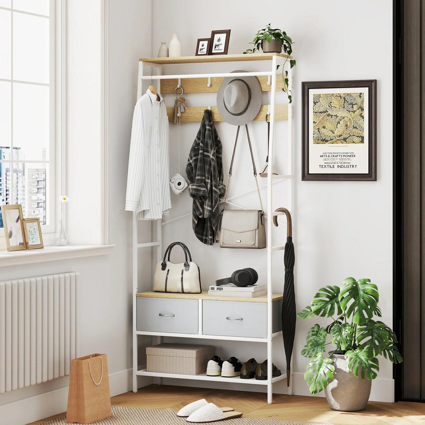 HOMCOM Coat Rack with Shoe Bench – Entryway Hall Tree with Storage Bench, 8 Hooks, 2 Fabric Drawers, Industrial Style Mesh Shelf for Hanging Clothes – Hallway, Bedroom, Living Room 80x30x180.5 cm Natural