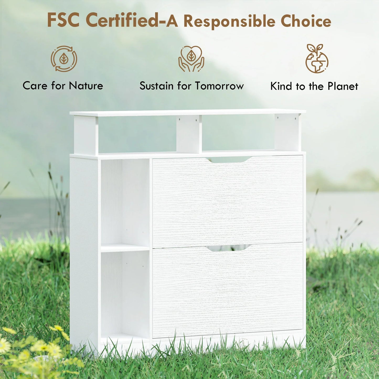 HOMCOM Narrow Shoe Cabinet with 2 Flaps, Open Compartments & Adjustable Shelf, 89 x 25 x 92 cm, White