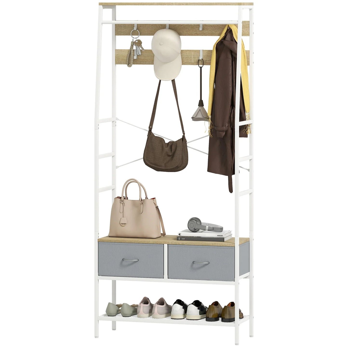HOMCOM Coat Rack with Shoe Bench – Entryway Hall Tree with Storage Bench, 8 Hooks, 2 Fabric Drawers, Industrial Style Mesh Shelf for Hanging Clothes – Hallway, Bedroom, Living Room 80x30x180.5 cm Natural