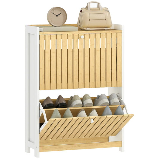 HOMCOM Slim Shoe Cabinet with 2 Bamboo Doors and Adjustable Shelves for 12 Pairs of Shoes 60x24x82.5 cm White and Natural