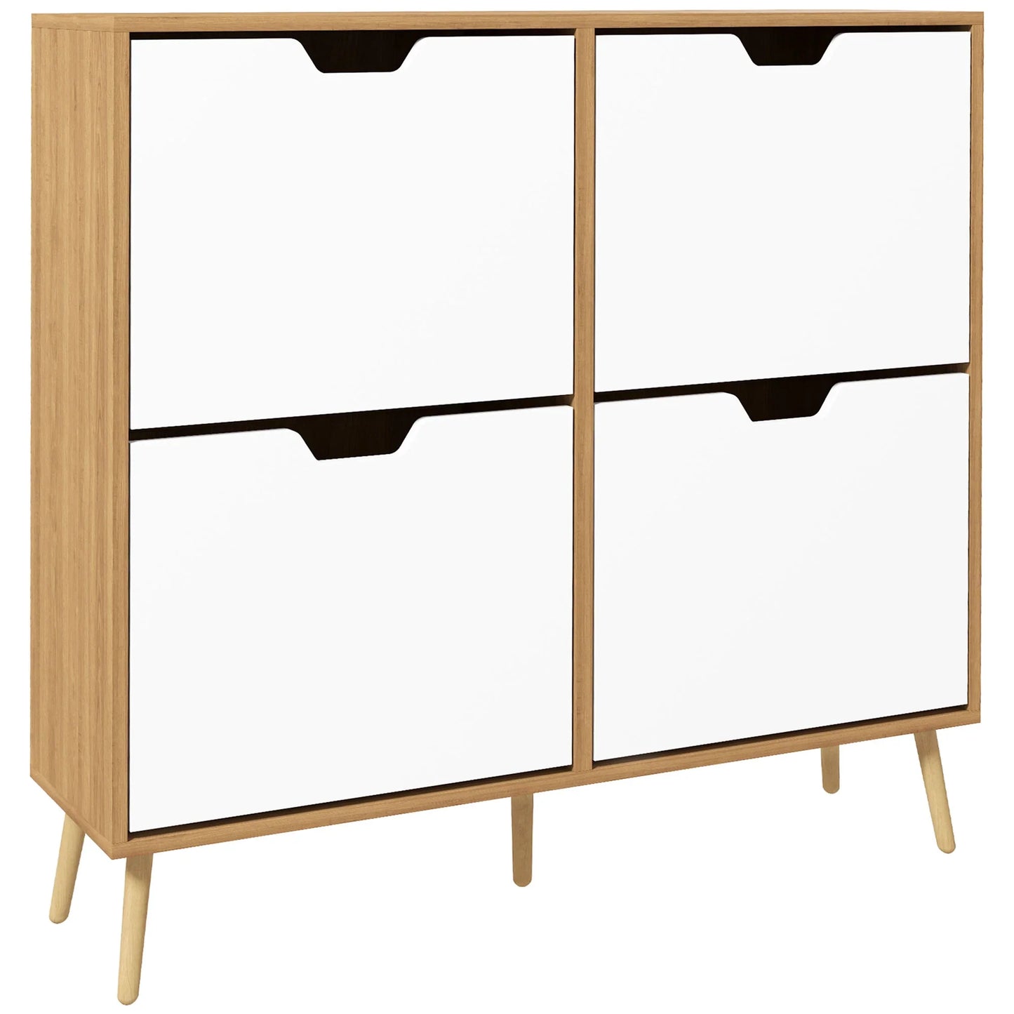 HOMCOM Schuhschrank mit 4 Klappen und verstellbaren Einlegeböden, Schuhaufbewahrungsschrank für 16 Paar Schuhe, schmales Schuhregal für den Eingangsbereich 95x26x95 cm Naturholz