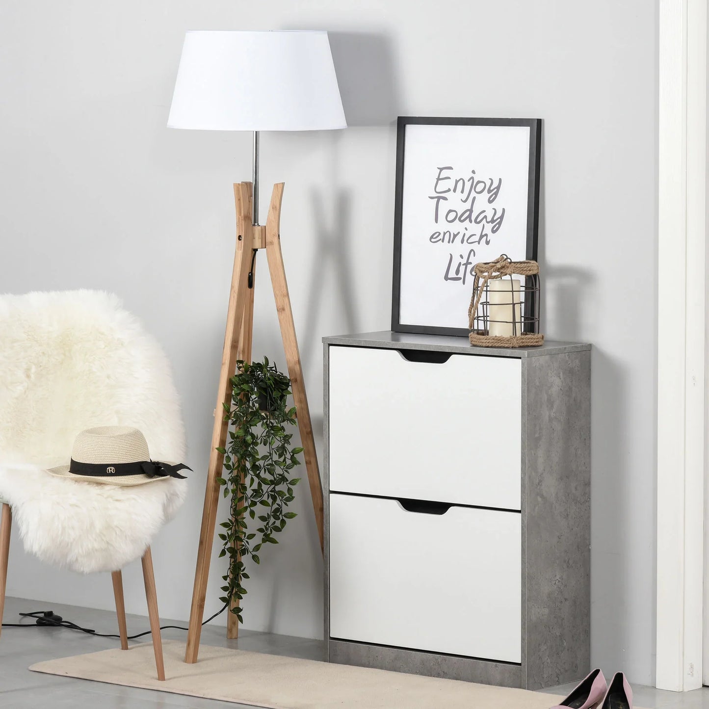 HOMCOM Wooden Shoe Cabinet Shoe Rack with 2 Folding Doors and 4 Shelves for 8 Pairs in the Entrance Hallway Bedroom 62.5x26x81 cm Grey