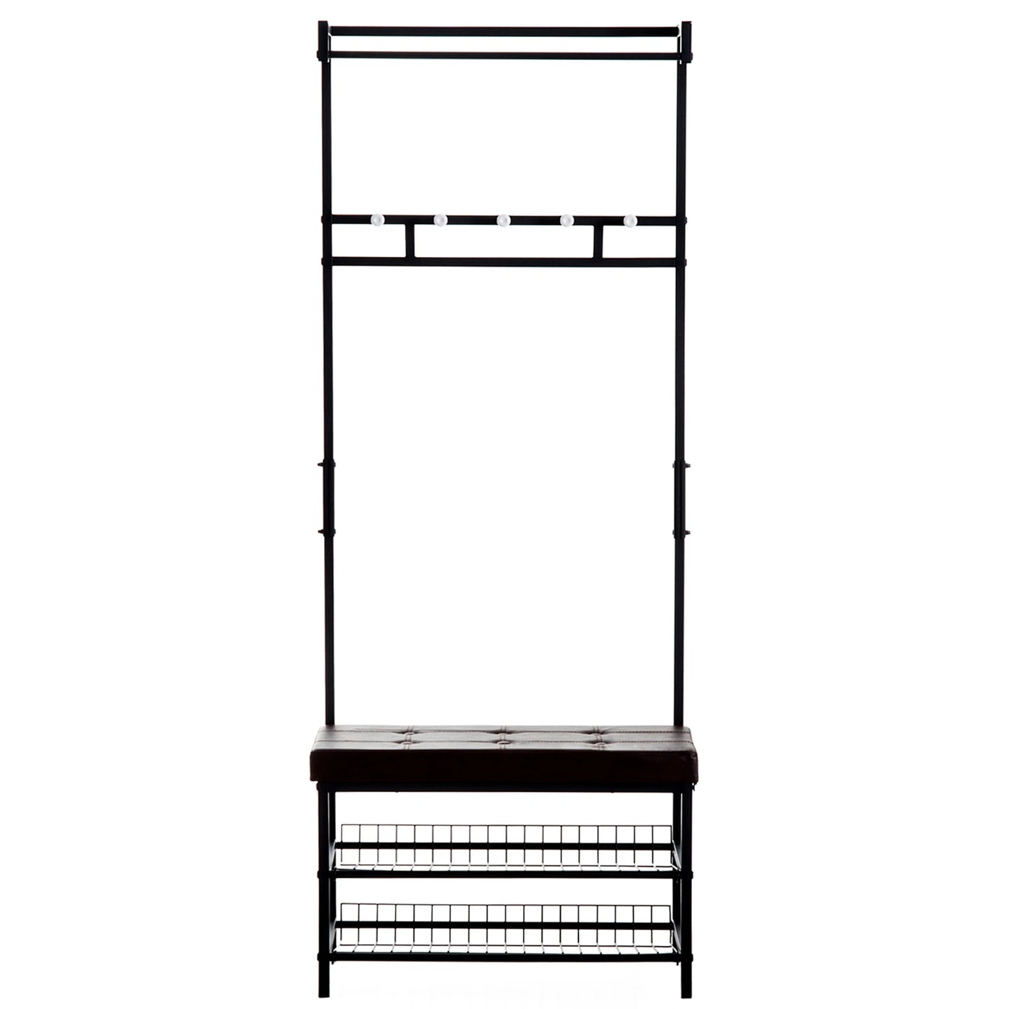 HOMCOM Garderobenständer mit 5 Haken und Schuhbank mit 2 Ebenen, Metallkleiderständer für Flur, Schlafzimmer, 72,5 x 35 x 180 cm