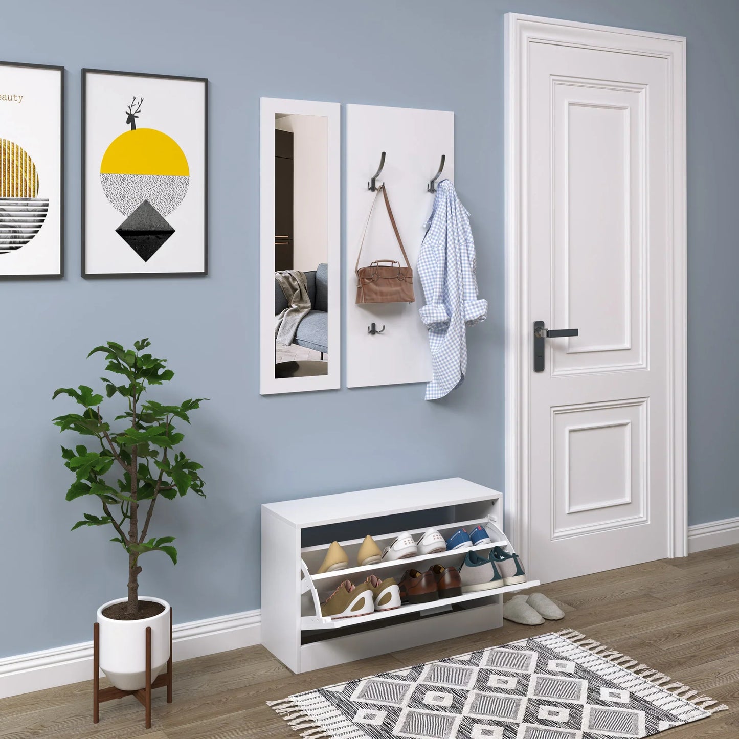 HOMCOM 3-teiliges Dielenmöbel-Set, Schuhschrank, Spiegel, Garderobe mit 4 Kleiderhaken, 80x27x46,5 cm, Weiß