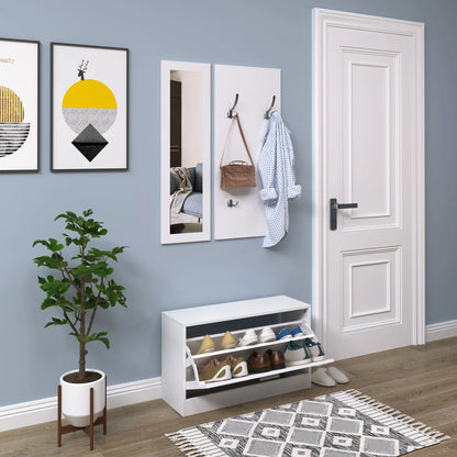 HOMCOM 3-teiliges Dielenmöbel-Set, Schuhschrank, Spiegel, Garderobe mit 4 Kleiderhaken, 80x27x46,5 cm, Weiß