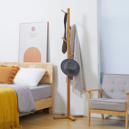 HOMCOM Kleiderständer mit 8 Haken, Bambus Kleiderständer für Schlafzimmer, Ausstellungen, Waschraum, Naturholz