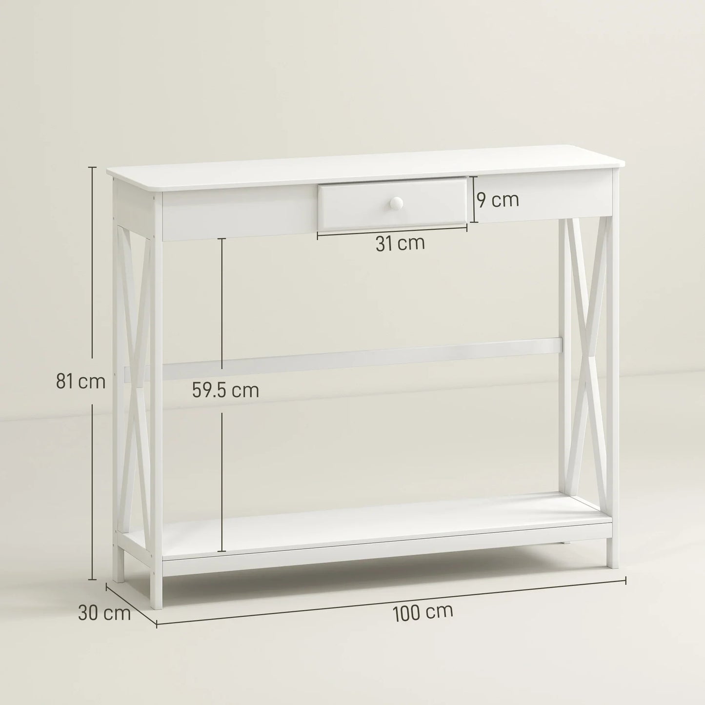 HOMCOM Console Table Wooden Hallway Table with 1 Drawer and 1 Shelf for Hallway and Living Room 100x30x81cm White