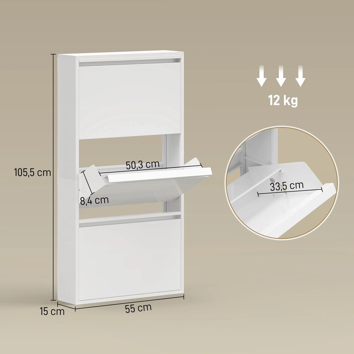 HOMCOM Metall-Schuhschrank mit 3 Kippschubladen – schlanker, wandmontierter Schuhschrank für 6 Paar Schuhe, 55 x 15 x 105,5 cm, Weiß