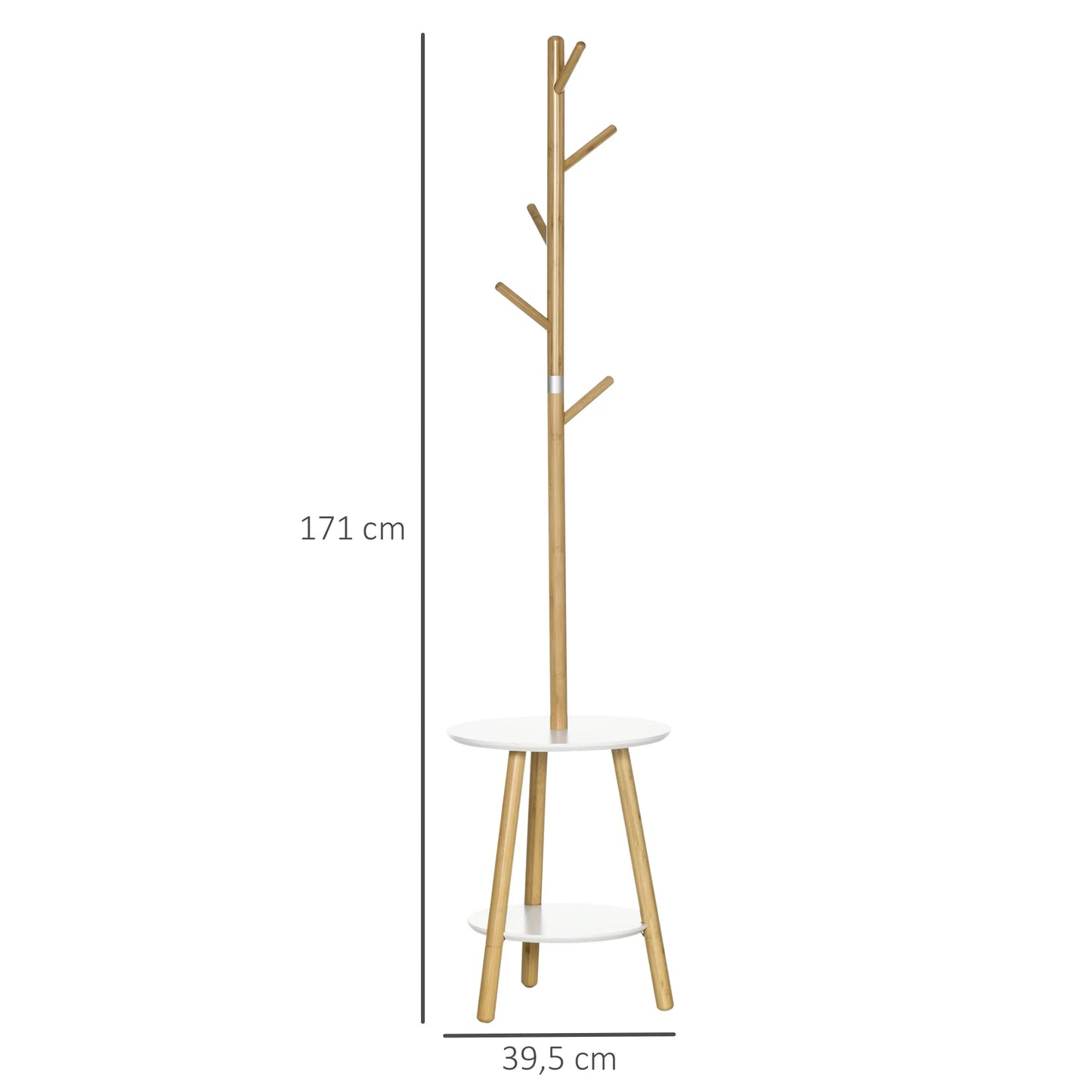 HOMCOM 2-in-1 Bambus-Kleiderständer mit 2 Ablagen und 5 Haken für Kleidung und Taschen, Aluminiumrahmen für Eingangsbereich und Schlafzimmer, 39,5x39,5x171 cm Natur