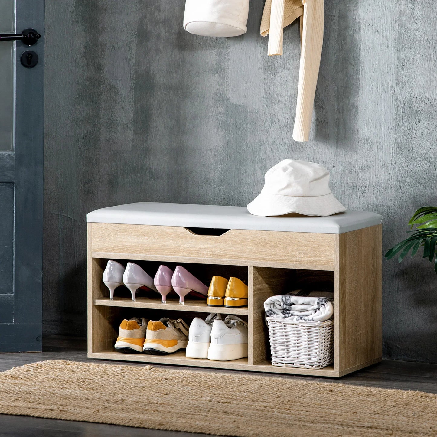HOMCOM Space-Saving Upholstered Shoe Storage Cabinet, Hallway Cabinets with Shoe Storage, 3 Compartments, PU Leather Seat, for Living Room and Hallway, 80x30x43 cm, Wood Color