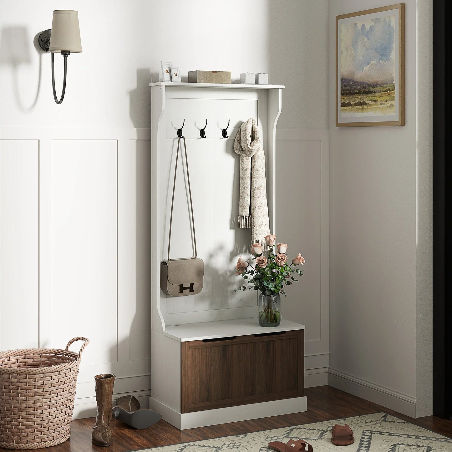HOMCOM 3-in-1 Garderobenständer mit Schuhbank, platzsparender Standgarderobe mit 4 Haken und Ablagebank, MDF, für Flur, Schlafzimmer, 71,5x39,5x170 cm, Weiß und Braun