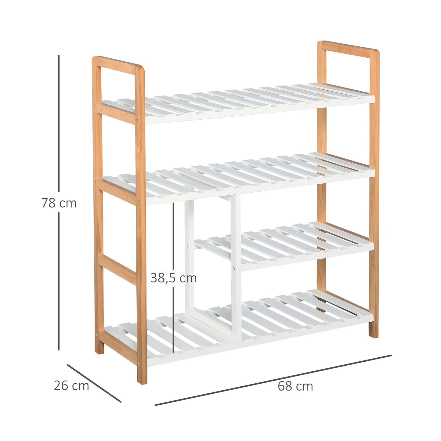 HOMCOM Schuhregal mit 4 Ebenen für bis zu 11 Paar Schuhe und Stiefelfach aus massivem Kiefernholz, 68x26x78 cm, Weiß
