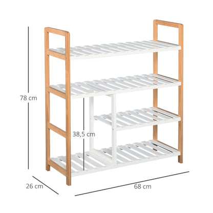 HOMCOM Schuhregal mit 4 Ebenen für bis zu 11 Paar Schuhe und Stiefelfach aus massivem Kiefernholz, 68x26x78 cm, Weiß