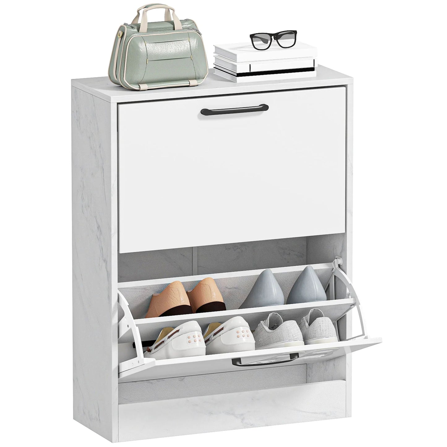 HOMCOM Schmaler Schuhschrank mit 2 Hochglanz-Klapptüren, verstellbaren Einlegeböden, Marmor-Design, für bis zu 8 Paar – Weiß (60 x 24 x 80 cm)
