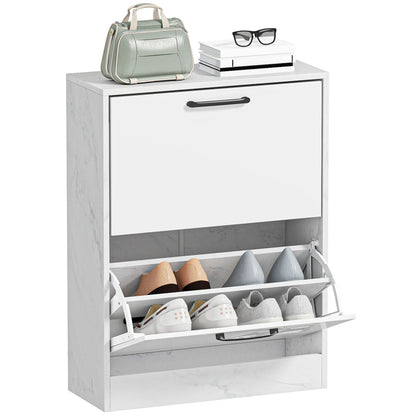 HOMCOM Schmaler Schuhschrank mit 2 Hochglanz-Klapptüren, verstellbaren Einlegeböden, Marmor-Design, für bis zu 8 Paar – Weiß (60 x 24 x 80 cm)