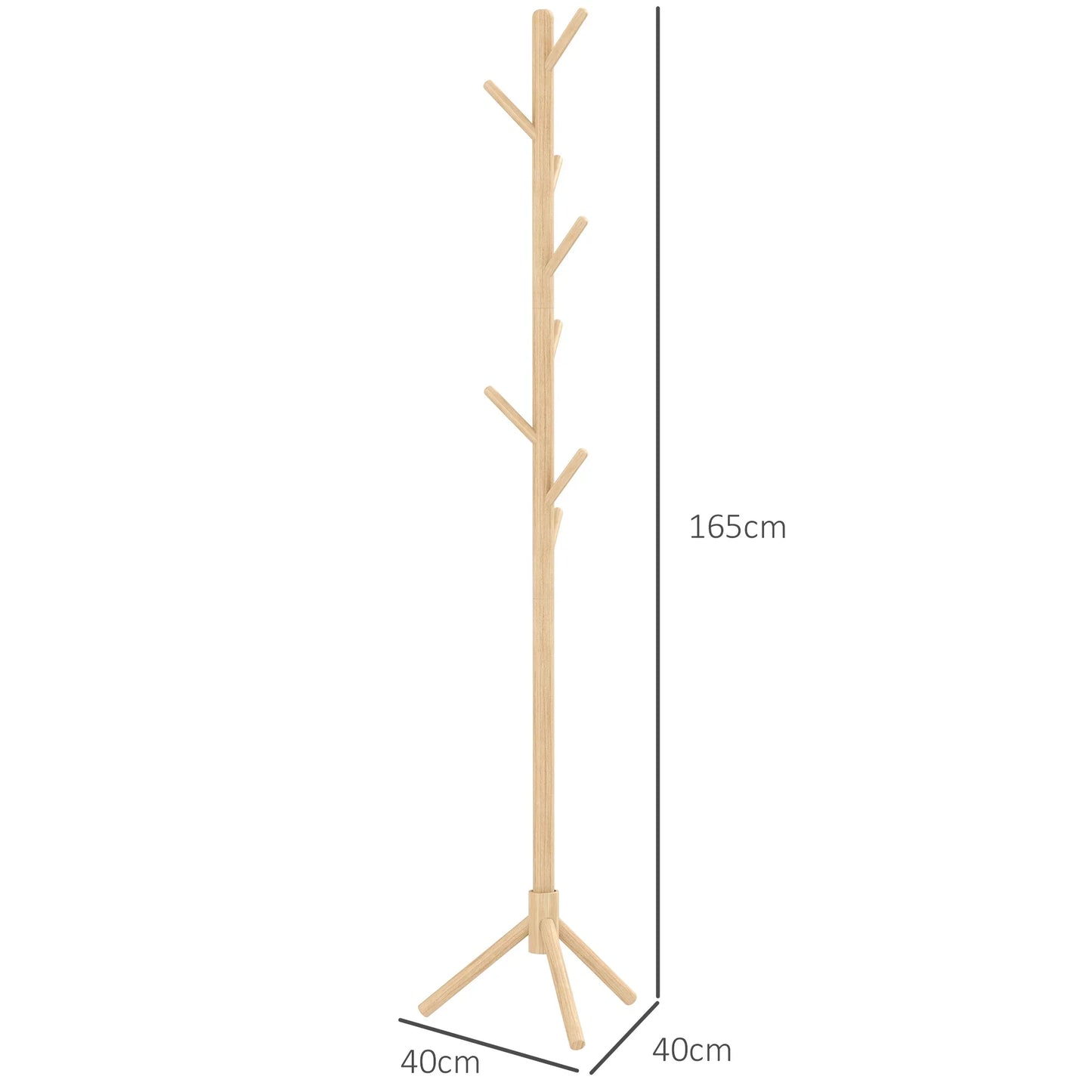 HOMCOM Freestanding Coat Rack with 8 Hooks - Wooden Clothes Tree for Hallway, Entrance Area, Bedroom 40x40x165 cm Natural