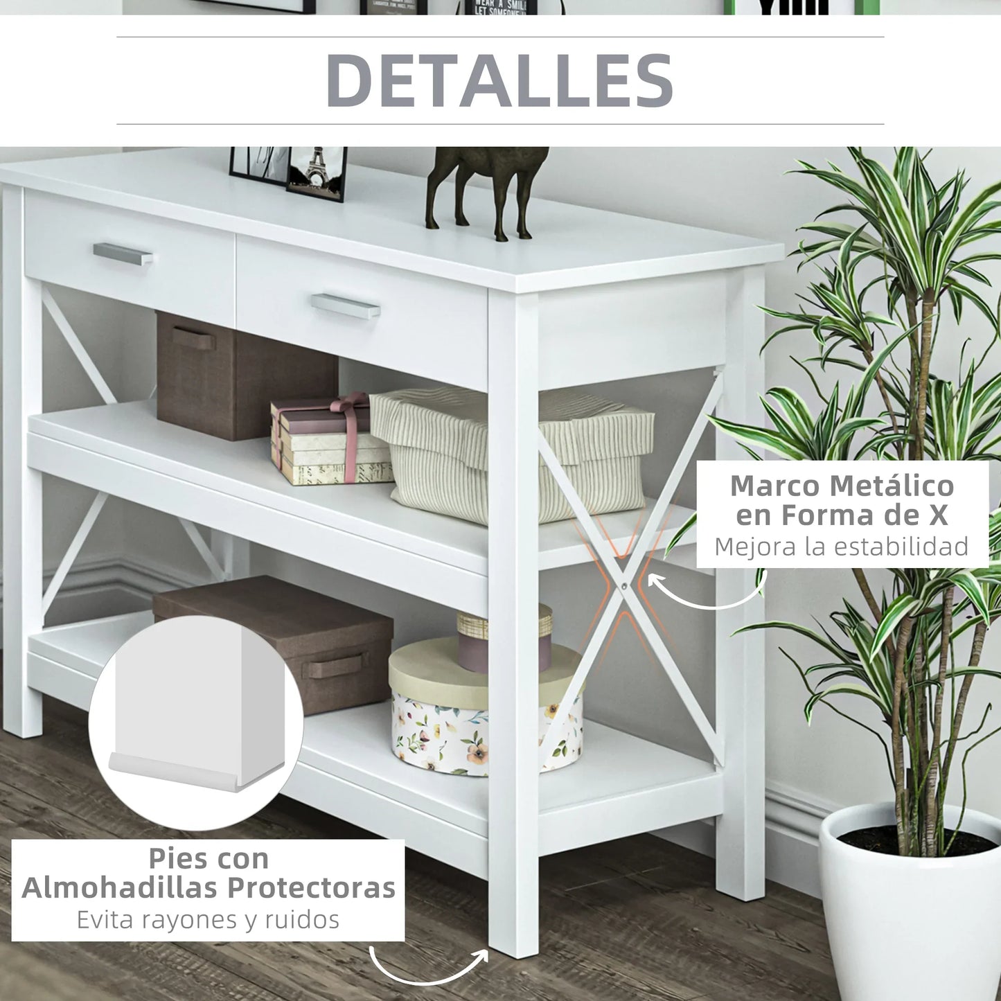 HOMCOM Konsolentisch Flurtisch mit 2 Schubladen und unteren Ablagen Moderner Stil Metallrahmen 105x40x76 cm Weiß