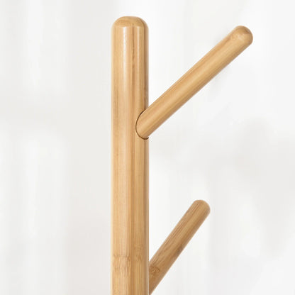 HOMCOM 2-in-1 Bambus-Kleiderständer mit 2 Ablagen und 5 Haken für Kleidung und Taschen, Aluminiumrahmen für Eingangsbereich und Schlafzimmer, 39,5x39,5x171 cm Natur