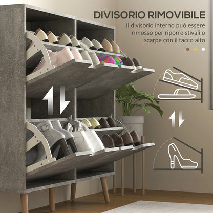 HOMCOM Shoe Cabinet for Entrance with 4 Flip-Down Doors on 2 Tiers for 16 Pairs of Shoes, Space-Saving Shoe Organizer with Adjustable Shelves Made of Particleboard and Pine Wood, 95x26x95 cm, Grey