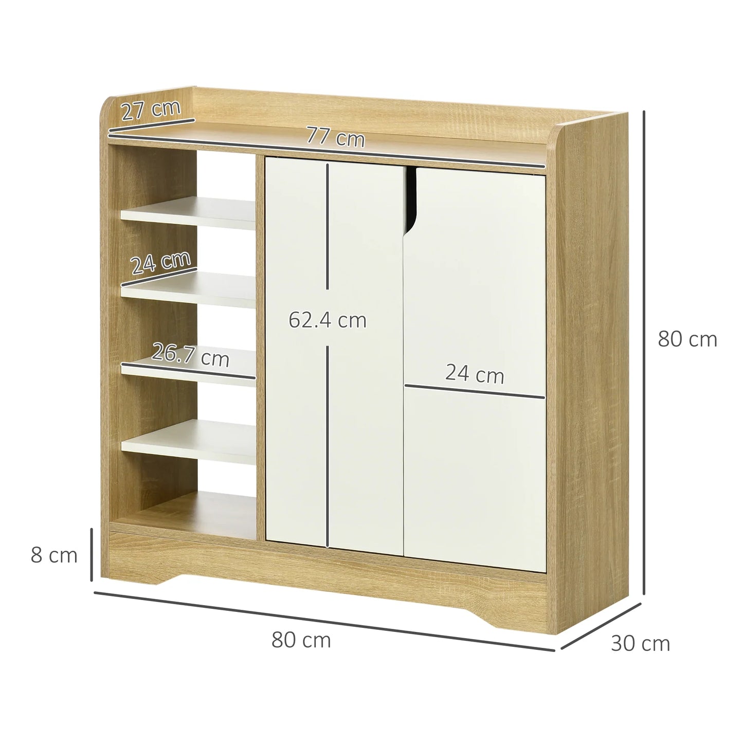HOMCOM Moderner Schuhschrank, schmales Schuhregal mit 2 Türen, Stauraum für 13 Paar Schuhe, Flur & Diele, 80x30x80 cm, Natur und Weiß