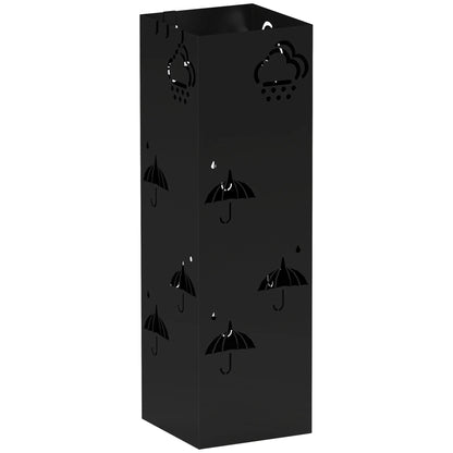HOMCOM Regenschirmständer mit 4 Haken, abnehmbare Wasserauffangschale, dekorativer Regenschirmhalter für Sonnenschirme, Regentage & Gehstöcke, Stahl 15,5 x 15,5 x 49 cm Schwarz