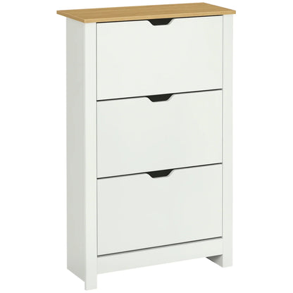 HOMCOM Schuhschrank mit 3 Klappen, Schuhregal, schmaler Schuhschrank mit verstellbarem Fach, Schuhschrank für 18 Paar Schuhe 72 x 26 x 112 cm, Weiß+Natur