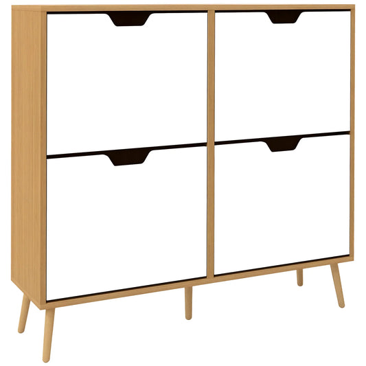 HOMCOM Schuhschrank mit 4 Klappen und verstellbaren Einlegeböden, Schuhaufbewahrungsschrank für 16 Paar Schuhe, schmales Schuhregal für den Eingangsbereich 95x26x95 cm Naturholz