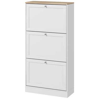 HOMCOM Schlanker Schuhschrank mit 3 Kipptüren – Schuhaufbewahrung für den Eingangsbereich mit verstellbaren Einlegeböden für 18 Paar Schuhe für schmale Flure 60x23,5x115 cm Weiß