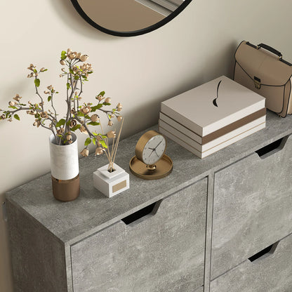 HOMCOM Shoe Cabinet for Entrance with 4 Flip-Down Doors on 2 Tiers for 16 Pairs of Shoes, Space-Saving Shoe Organizer with Adjustable Shelves Made of Particleboard and Pine Wood, 95x26x95 cm, Grey