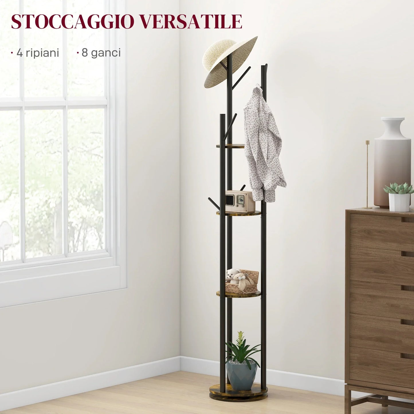 HOMCOM Drehbarer Freistehender Kleiderständer mit 8 Haken und 4 Regalen, Industrieller Kleiderständer für Eingangsbereich und Schlafzimmer, Ø30x175cm, Rustik Braun