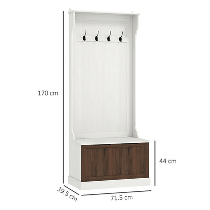 HOMCOM 3-in-1 Garderobenständer mit Schuhbank, platzsparender Standgarderobe mit 4 Haken und Ablagebank, MDF, für Flur, Schlafzimmer, 71,5x39,5x170 cm, Weiß und Braun