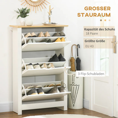 HOMCOM Schuhschrank mit 3 Klappen, Schuhregal, schmaler Schuhschrank mit verstellbarem Fach, Schuhschrank für 18 Paar Schuhe 72 x 26 x 112 cm, Weiß+Natur