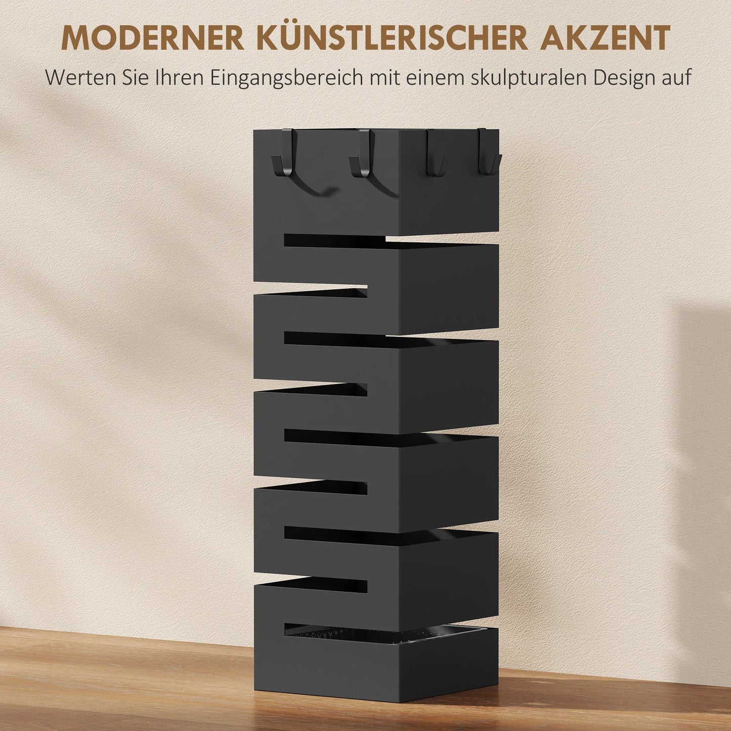 HOMCOM Metal Umbrella Stand, Square, with Removable Drip Tray & 4 Hooks, for Hallway, 15.5 x 15.5 x 49 cm, Black