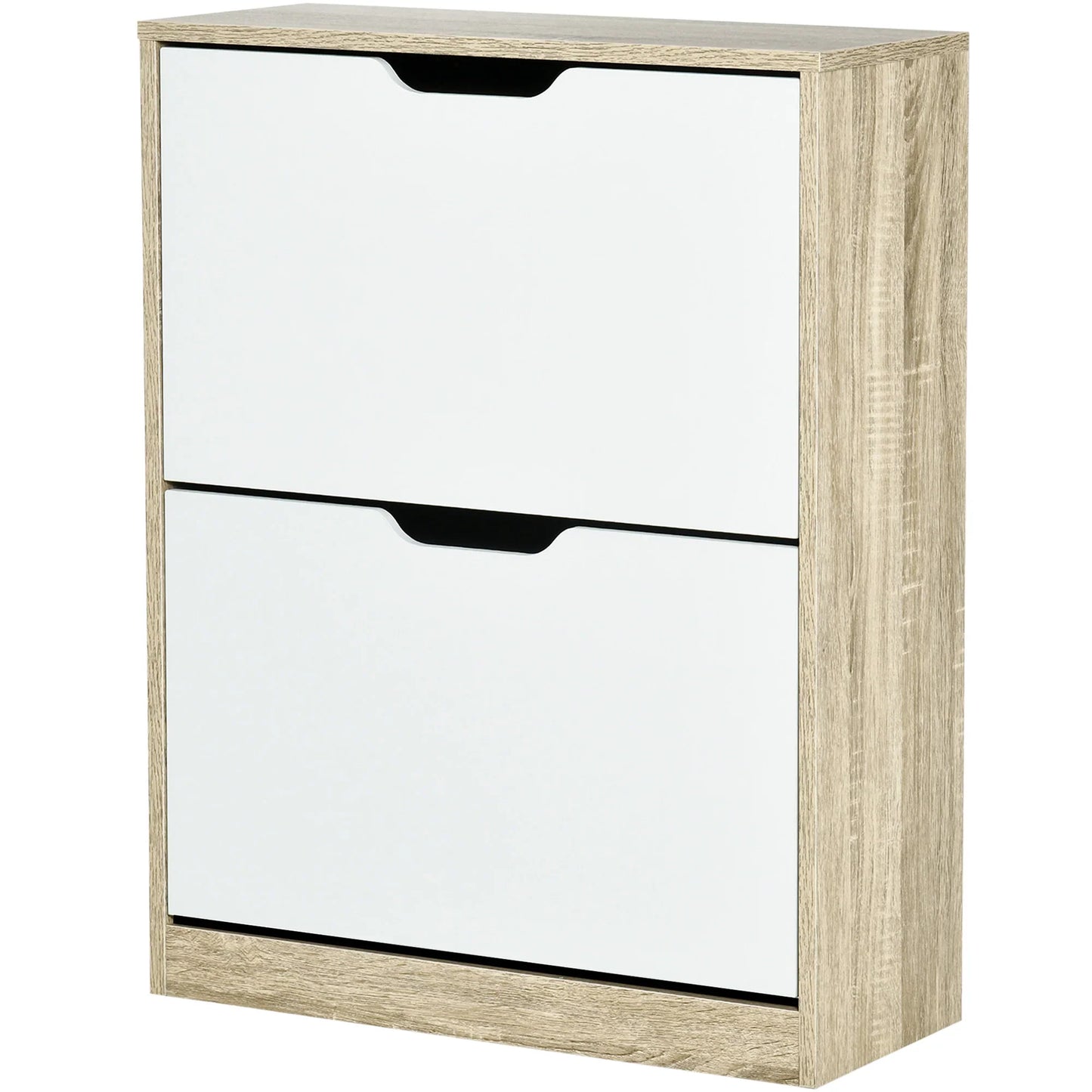 HOMCOM Schuhschrank aus Holz mit 2 Klapptüren und 4 Ablagefächern für 8 Paar Schuhe, für Flur, Diele, Schlafzimmer 62,5x26x81 cm, Weiß und Natur