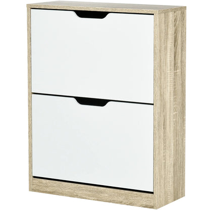 HOMCOM Schuhschrank aus Holz mit 2 Klapptüren und 4 Ablagefächern für 8 Paar Schuhe, für Flur, Diele, Schlafzimmer 62,5x26x81 cm, Weiß und Natur