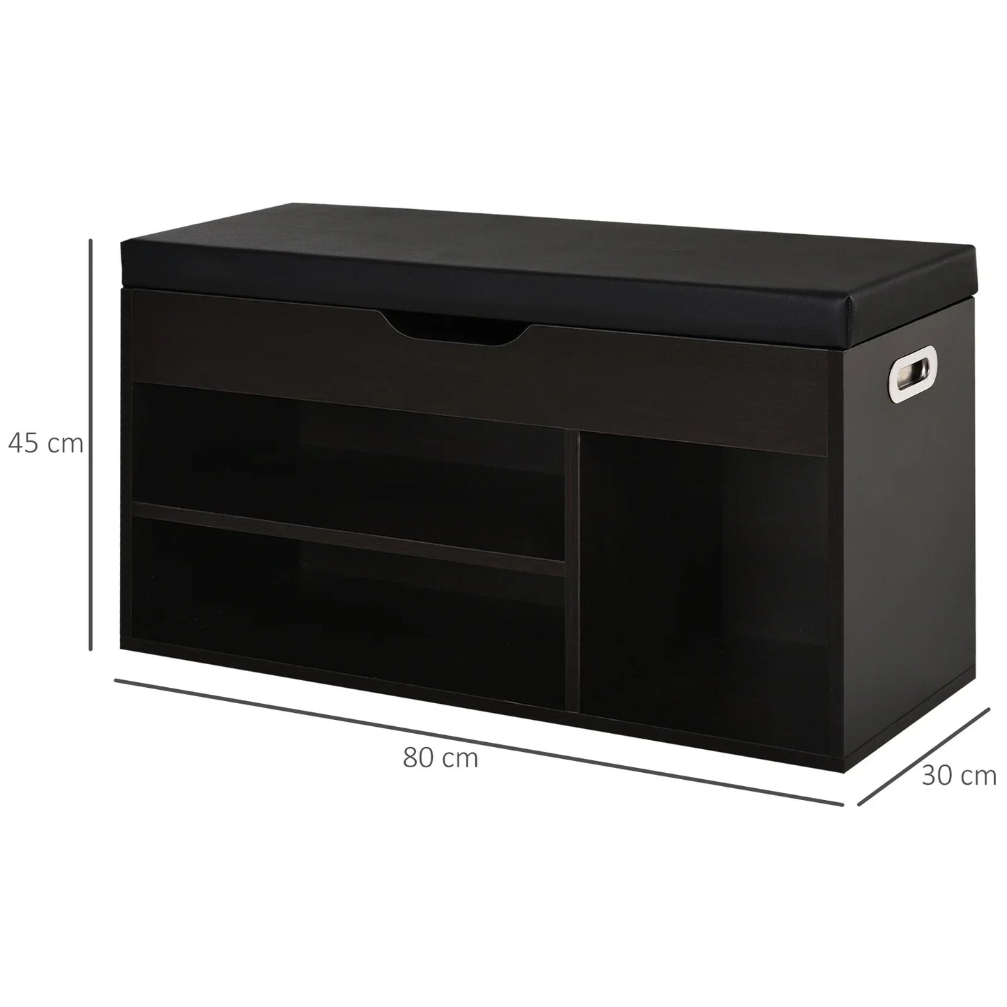 HOMCOM Gepolsteter Schuhschrank für den Eingangsbereich, Schuhschrank mit Schuhregal, 3 Fächer, Sitzfläche aus PU-Leder, für Wohn- und Flurbereich, 80x30x43 cm, Schwarz