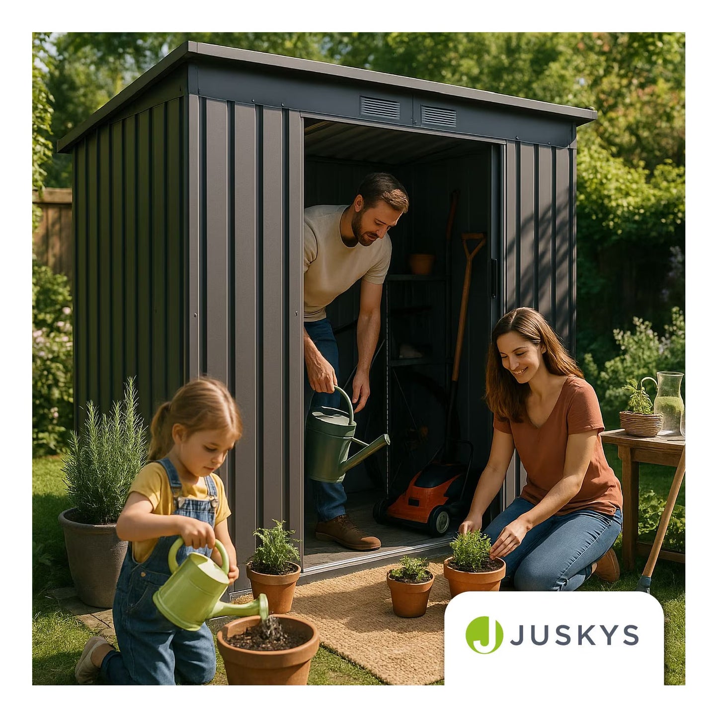 Juskys Gerätehaus Metall – Dunkelgrau, wetterfest mit Fundamentrahmen, Schiebetür & abschließbar - für Garten & Aufbewahrung