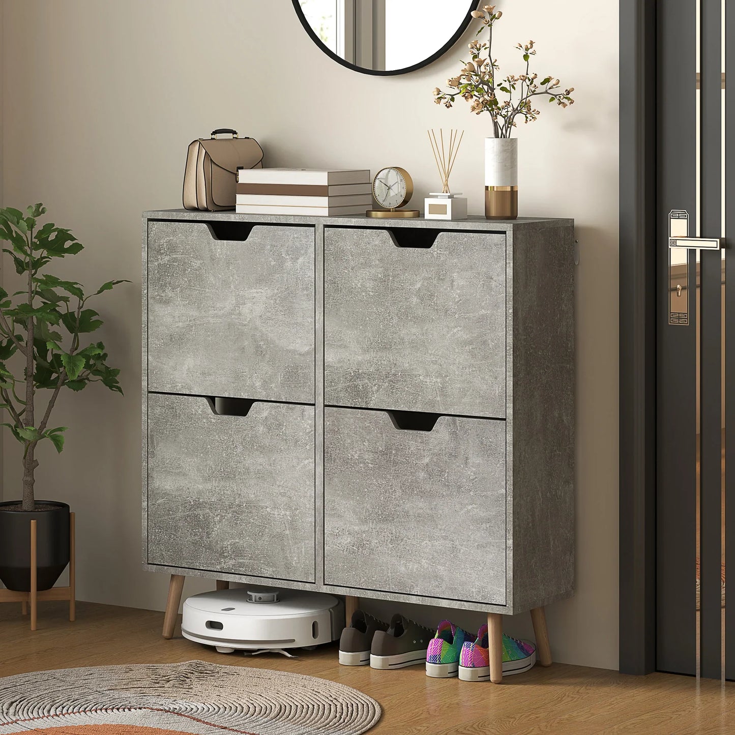 HOMCOM Shoe Cabinet for Entrance with 4 Flip-Down Doors on 2 Tiers for 16 Pairs of Shoes, Space-Saving Shoe Organizer with Adjustable Shelves Made of Particleboard and Pine Wood, 95x26x95 cm, Grey