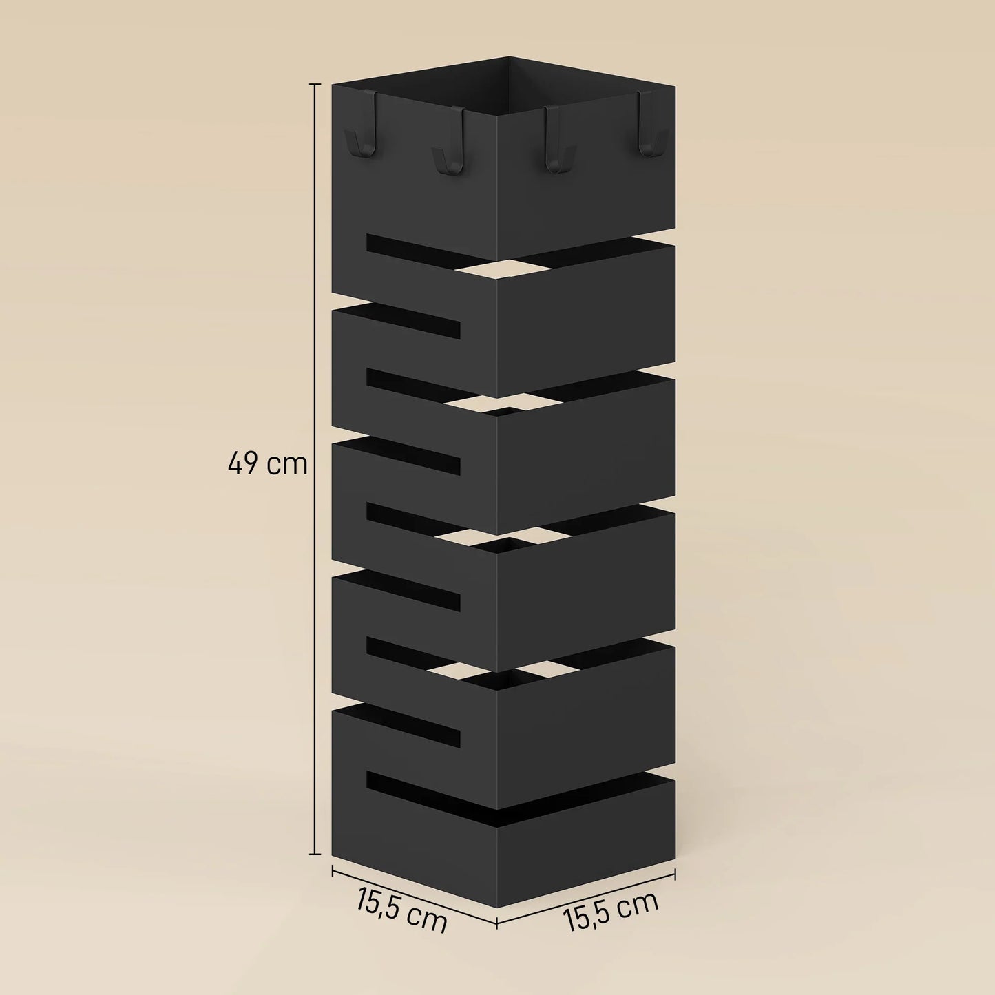 HOMCOM Metal Umbrella Stand, Square, with Removable Drip Tray & 4 Hooks, for Hallway, 15.5 x 15.5 x 49 cm, Black