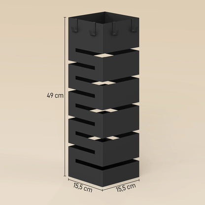 HOMCOM Metal Umbrella Stand, Square, with Removable Drip Tray & 4 Hooks, for Hallway, 15.5 x 15.5 x 49 cm, Black