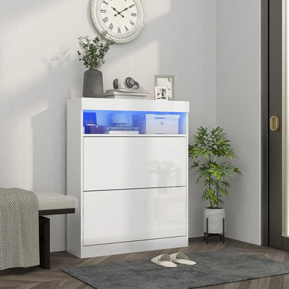 HOMCOM Shoe Cabinet for Entrance Area, Wall-Mounted or Free-Standing with LED Lights, Open Shelf and 2 Tilt-Out Drawers for 12-16 Pairs of Shoes, 80x24x99.5 cm, Light White