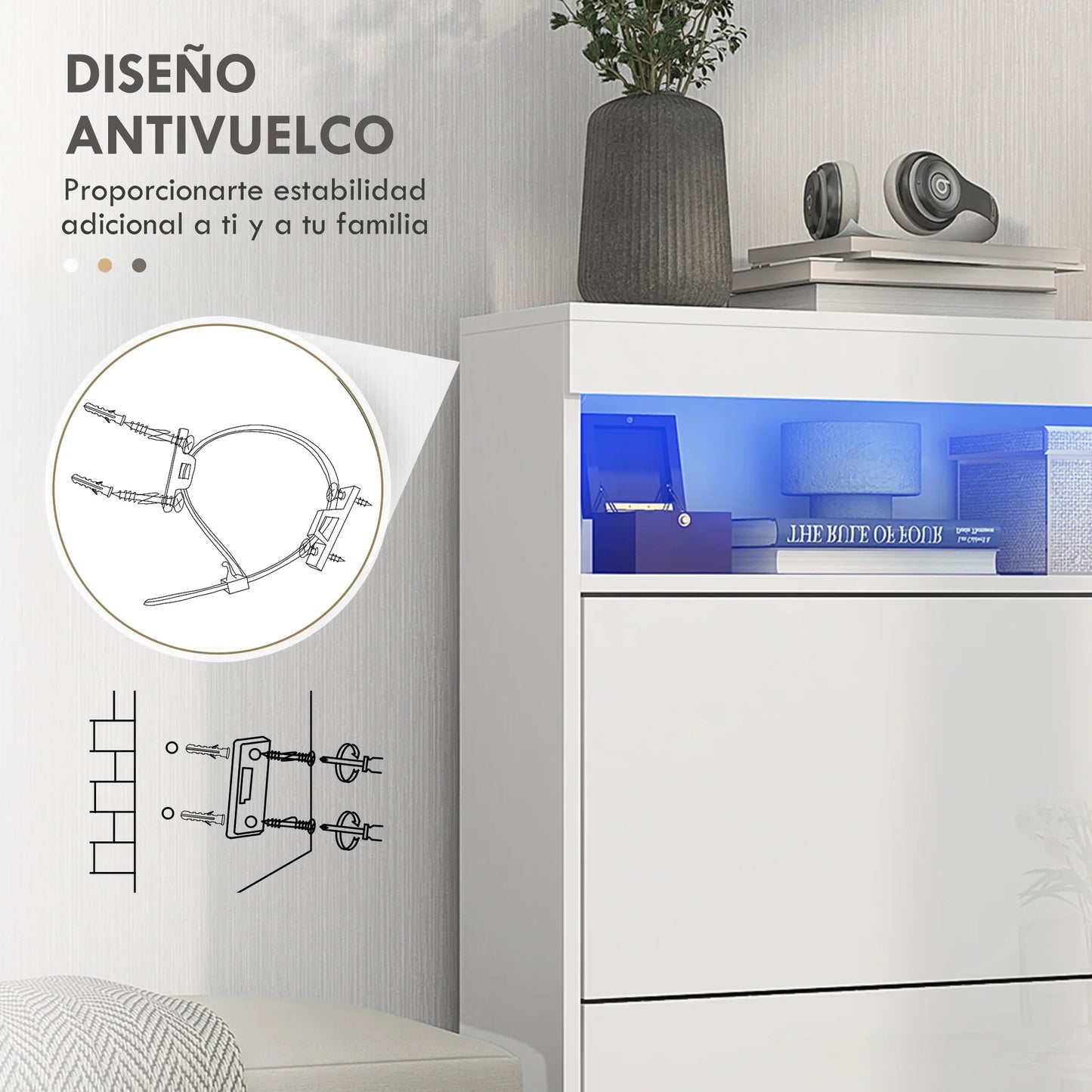 HOMCOM Shoe Cabinet for Entrance Area, Wall-Mounted or Free-Standing with LED Lights, Open Shelf and 2 Tilt-Out Drawers for 12-16 Pairs of Shoes, 80x24x99.5 cm, Light White
