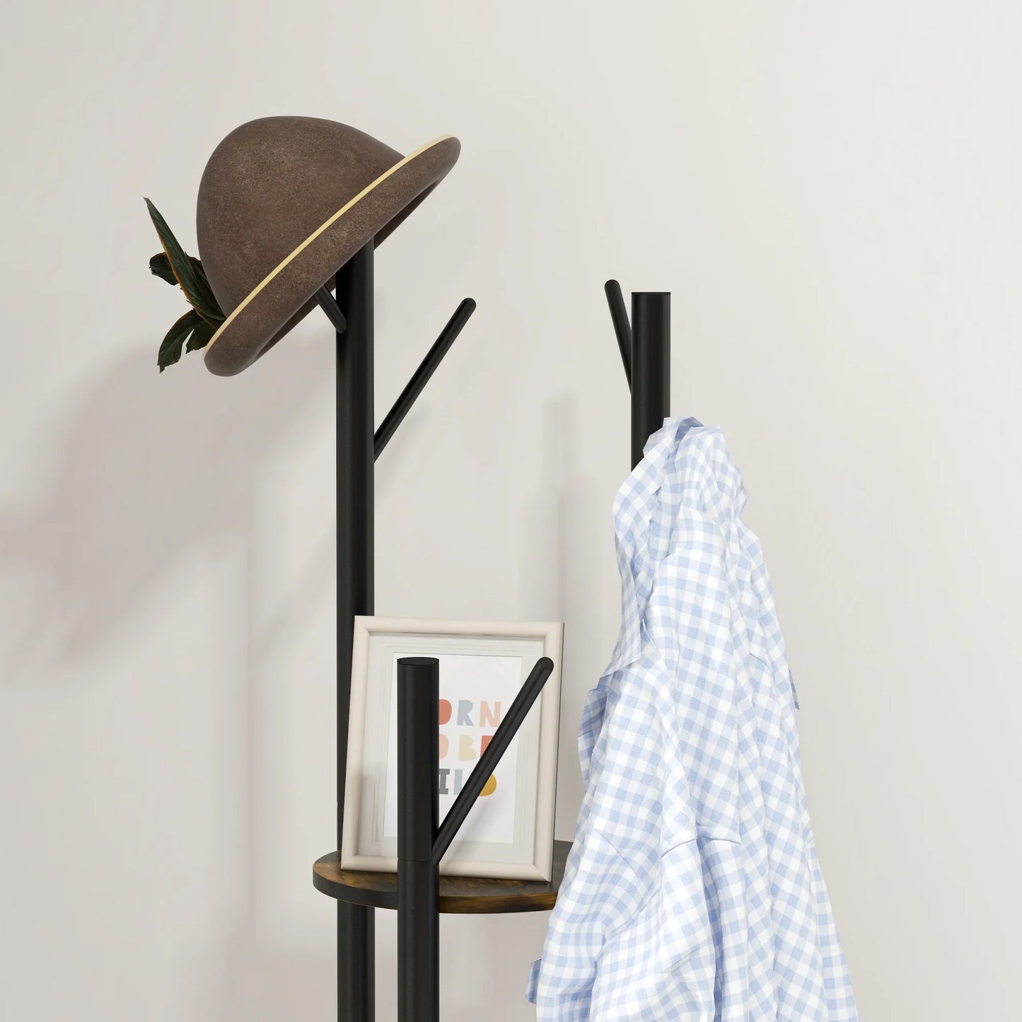 HOMCOM Drehbarer Freistehender Kleiderständer mit 8 Haken und 4 Regalen, Industrieller Kleiderständer für Eingangsbereich und Schlafzimmer, Ø30x175cm, Rustik Braun