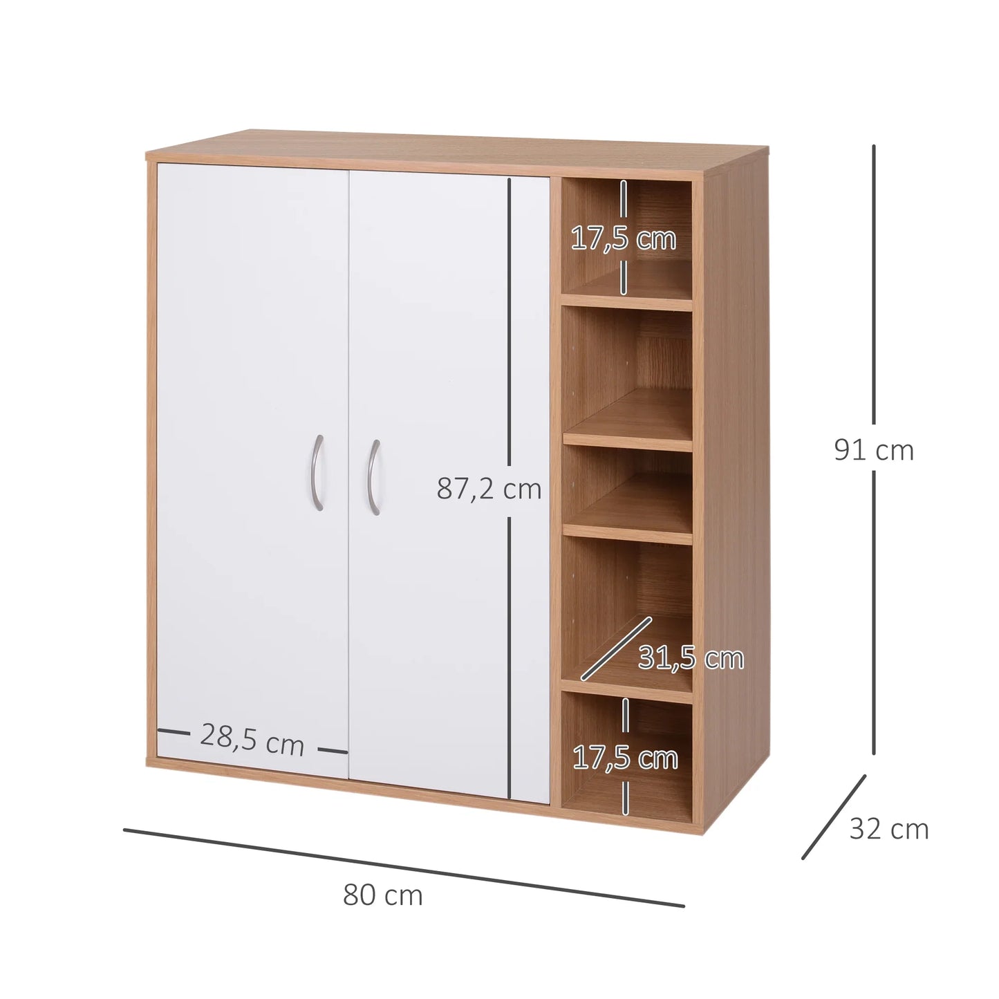 HOMCOM Konsolenschrank, niedriger Schrank, multifunktionaler Stauraumorganisator für Küche, Esszimmer, Wohnzimmer, Badezimmer mit Türen und verstellbaren Regalen, 80x32x91 cm