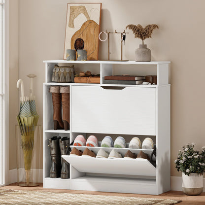 HOMCOM Narrow Shoe Cabinet with 2 Flaps, Open Compartments & Adjustable Shelf, 89 x 25 x 92 cm, White