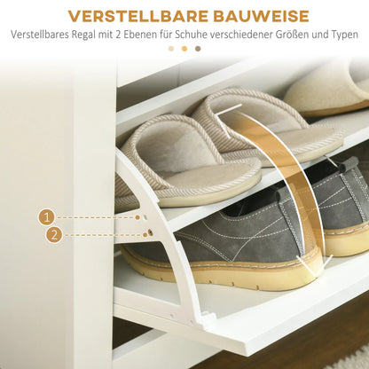 HOMCOM Schuhschrank mit 3 Klappen, Schuhregal, schmaler Schuhschrank mit verstellbarem Fach, Schuhschrank für 18 Paar Schuhe 72 x 26 x 112 cm, Weiß+Natur
